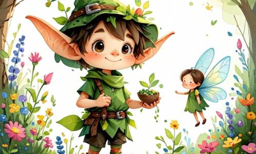 Lucas, un pequeño duende de cabello despeinado y grandes orejas puntiagudas, está de pie en el centro de un jardín colorido, con su rostro radiante de alegría y emoción. Lleva un pequeño sombrero verde y una túnica de hojas, sosteniendo un puñado de semillas de flores que está a punto de plantar. A su lado, Lila, una hermosa hada con alas translúcidas y brillantes, sonríe con entusiasmo. Lleva un vestido hecho de pétalos de rosa y vuela ligeramente sobre el suelo, sosteniendo una pequeña pala de madera para ayudar a Lucas. El jardín es un verdadero cuadro de primavera, lleno de flores brillantes de todos los colores: tulipanes rojos, margaritas blancas y campanillas azules. Mariposas de alas multicolores bailan a su alrededor, mientras un cielo azul claro se extiende sobre ellos, salpicado de nubes esponjosas. La escena principal muestra a Lucas y Lila plantando semillas en la tierra fértil, rodeados de risas y cantos de otras criaturas del bosque, celebrando juntos la llegada de la temporada primaveral.