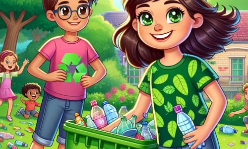 Una niña de 12 años, Clara, con largos cabellos castaños y ojos llenos de determinación, se encuentra en el centro de la imagen, sonriente y llena de energía, vistiendo una camiseta verde con un diseño de hoja y un short de mezclilla. Sostiene un gran contenedor de reciclaje, lista para recoger los desechos. A su derecha, Manuel, un niño de 11 años con cabello corto y gafas, mira a Clara con entusiasmo, sosteniendo una botella de plástico que acaba de recoger. A su izquierda, Sofía, una niña de 12 años con cabello rizado y un sombrero de paja, sostiene un cartel colorido que dice "¡Recicla!", con una gran sonrisa en el rostro. La escena se desarrolla en un parque verde, rodeado de majestuosos árboles y flores coloridas, con niños jugando al fondo. El suelo está lleno de desechos que Clara y sus amigos están a punto de recoger. La situación principal muestra a Clara y sus amigos en plena acción, decididos a limpiar el parque y concienciar a otros niños sobre la importancia del reciclaje, creando así una atmósfera alegre y dinámica.