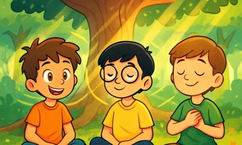 Hay 3 personajes: - Lucas: un chico de 12 años, con cabello castaño desordenado y ojos brillantes de curiosidad. Está sentado en posición de loto, con las manos sobre las rodillas, y sonríe con asombro. - Javier: un chico de 12 años, con cabello negro y liso, que lleva gafas redondas. Está ligeramente inclinado hacia adelante, con los ojos cerrados, respirando profundamente, con una expresión de serenidad en su rostro. - Mateo: un chico de 12 años, con cabello castaño y una pierna ligeramente más corta, sentado al lado de Lucas. Tiene una sonrisa suave y pacífica, con las manos unidas sobre su corazón, sintiendo la conexión con el mundo que lo rodea. El lugar donde ocurre la situación principal es un hermoso bosquete, con un árbol gigante cuyas raíces enredadas se extienden como brazos acogedores. Los rayos de sol filtran a través de las hojas verdes, creando patrones luminosos en el suelo cubierto de musgo suave y pequeñas flores coloridas. El aire es fresco y está impregnado del perfume de las flores silvestres, mientras que una ligera brisa hace bailar las hojas. La situación principal de la historia muestra a los tres amigos meditando juntos, respirando profundamente y conectándose con la naturaleza, rodeados de una aura de calma y envueltos en suaves olas de luz que simbolizan la paz y la serenidad que sienten en armonía con el mundo natural.
