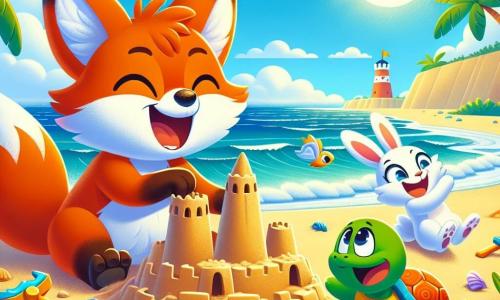 Foxy, una piccola volpe dai peli arancioni e dagli occhi maliziosi, sta ridendo di gusto con le zampe piene di sabbia mentre costruisce un magnifico castello di sabbia. Accanto a lui, Benny, un adorabile coniglietto bianco con grandi orecchie e un sorriso gioioso, raccoglie sabbia con entusiasmo, saltellando. Più in là, Tina, una tartaruga verde con un guscio colorato e occhi brillanti, cerca conchiglie lucenti per decorare il castello, mostrando un'espressione di divertita concentrazione. La scena si svolge su una spiaggia soleggiata, con onde dolci che lambiscono la riva, palme che ondeggiano dolcemente al vento e un cielo blu intenso punteggiato di nuvole bianche e soffici. Al centro dell'immagine, Foxy, Benny e Tina sono intenti a costruire il loro castello di sabbia, ridendo insieme dopo che Benny è caduto nella sabbia, creando un'atmosfera gioiosa e amichevole.