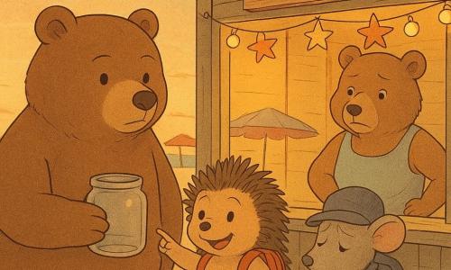 Il grande orso bruno, serio ma benevolo, dal pelo morbido tiene un barattolo di vetro vuoto davanti alla vetrina del chiosco; il piccolo riccio Nadir, energico e curioso con zaino troppo grande, sorride eccitato e indica la vetrina; il topolino Milo, timido e pentito con cappello storto, tiene una scatoletta di monete e guarda l’orso con sollievo; zia Lina, orsa anziana, mani sui fianchi, osserva dietro il bancone; l’airone Lino e un gabbiano sorvegliano da lontano vicino alle dune; il chiosco di legno è decorato con lucine e stelle marine di carta, ombrelloni colorati e mare scintillante al tramonto; situazione: confessione e restituzione — il gruppo rende le monete e prepara la vetrina, atmosfera calda di luce dorata, perdono e collaborazione.