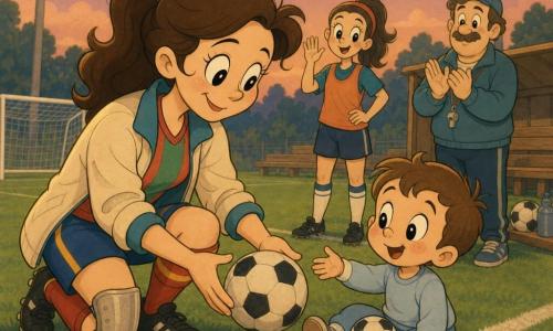 Donna adulta (Marta) inginocchiata vicino a un pallone, volto sorridente e protettivo, in tenuta da calcio colorata con parastinchi e scarpini, capelli castani legati; bambino di 3 anni (Leo) seduto sulla linea bianca con un piccolo pallone tra le gambe, occhi stupiti, mano tesa verso la madre, espressione timida e felice; giovane compagna di squadra (~20 anni) poco dietro con pettorina arancione che saluta sorridendo verso Marta e Leo; allenatore (~40 anni) in panchina con fischietto, applauso discreto; campo al crepuscolo con erba verde, linee bianche nette, luci dello stadio e panchine, atmosfera calda e rassicurante in stile cartoon rétro “rubber hose”, colori pastello e contorni morbidi.