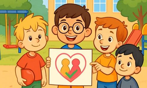 Ci sono 4 bambini: - Marco: un ragazzo di 8 anni con capelli castani e occhiali. Indossa una maglietta blu e pantaloni corti gialli. Marco è al centro, sorridente, con un grande disegno colorato in mano. - Luca: un ragazzo di 7 anni con capelli biondi arruffati. Indossa una maglietta rossa e pantaloni verdi. Luca è a sinistra di Marco, tiene una palla rossa e ha uno sguardo amichevole. - Tommaso: un ragazzo di 8 anni con capelli castani e lentiggini. Indossa una maglietta arancione e jeans. Tommaso è a destra di Marco, indica il disegno con entusiasmo. - Matteo: un ragazzo di 7 anni con capelli neri e occhi tristi. Indossa una maglietta grigia e pantaloni corti blu. Matteo è leggermente indietro, guarda il disegno con un sorriso timido, circondato dai suoi nuovi amici. La scena si svolge nel cortile di una scuola elementare, con alberi verdi sullo sfondo e giochi colorati come altalene e uno scivolo. Il pavimento è coperto di ghiaia e piccoli fiori selvatici che aggiungono colore all'ambiente. I quattro bambini sono riuniti attorno a un grande cartellone colorato. Marco, con un sorriso caloroso, presenta il disegno che promuove amicizia e gentilezza, mentre Luca, Tommaso e Matteo lo ascoltano attentamente, pronti a condividere il loro messaggio contro il bullismo.