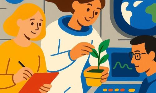 Eine lächelnde Astronautin, eine Frau mit braunen Haaren, die in der Schwerelosigkeit schweben, justiert vorsichtig eine kleine grüne Pflanze in einem Modul der Raumstation. Neben ihr beobachtet Jonas, ein Mann in den Dreißigern mit Brille, aufmerksam einen Kontrollbildschirm, konzentriert aber gelassen. Mia, eine Frau in den Vierzigern mit blondem Haar, hält ein Notizbuch und steht links von der Astronautin, um Beobachtungen zu notieren. Die Szene spielt sich in einer hellen Raumstation ab, mit silbernen Metallwänden und runden Fenstern, die einen Blick auf die blaue und weiße Erde im Hintergrund bieten. Die Hauptsituation zeigt die Astronautin, die sich um die Pflanzen kümmert, was das Leben und Wachstum im Weltraum symbolisiert, umgeben von ihren Kollegen, die in dieser Mission mit ihr zusammenarbeiten.