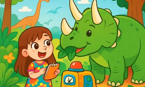 A 6-year-old girl named Lily, with long brown hair and sparkling curious eyes, smiles in wonder as she stands next to her time machine. She wears a colorful flower dress and yellow sandals, excitedly gazing at the prehistoric world around her. Beside her, a friendly triceratops with green skin and majestic horns bends down to eat leaves from a giant tree. The setting is a lush forest filled with tall, thick-trunked trees, giant ferns, and colorful flowers. The sky is bright blue with fluffy white clouds, and dinosaurs can be seen moving in the distance, adding a touch of magic to the environment. The main scene shows Lily, amazed and ready to explore this fascinating world, with her notebook in hand, noting everything she sees, while the triceratops watches her kindly, creating a scene full of adventure and discovery.