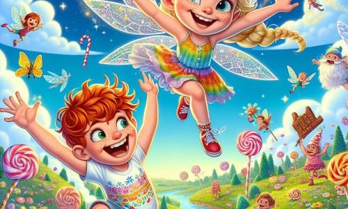 In der Mitte des Bildes fliegt eine kleine Fee namens Glimmerlich mit schimmernden Flügeln und goldenen Haaren fröhlich durch die Luft. Sie hat ein breites Lächeln im Gesicht, ihre Augen funkeln vor Schalk, und sie hält einen Zauberstab, der eine Spur von leuchtenden Sternen hinterlässt. Neben ihr springt Maximus, ein 8-jähriger Junge mit zerzausten roten Haaren und Sommersprossen, vor Freude auf einer Zuckermasse. Er trägt ein buntes T-Shirt und eine Jeansshorts und lacht laut mit erhobenen Armen zum Himmel. Die Szenerie ist eine märchenhafte Landschaft von Zimzalabim mit Zuckerstangenbäumen, Schokoladenflüssen und bunten Blumen, die im Wind tanzen. Der Himmel ist strahlend blau, gesprenkelt mit wolkenförmigen Süßigkeiten. Die Szene zeigt Glimmerlich und Maximus, die ihren Sieg beim großen Witzewettbewerb feiern, umgeben von lustigen Kreaturen wie lächelnden Drachen und tanzenden Kobolden, die alle gemeinsam in einer festlichen und fröhlichen Atmosphäre lachen.