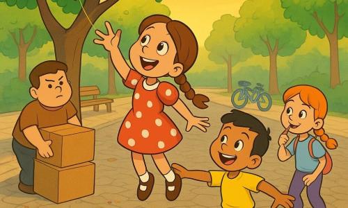 Clarinha, 8 anos, radiante com tranças castanhas e vestido de bolinhas vermelhas, estica os braços para alcançar uma corda de balão; Miguel, ~7 anos, saltando por baixo dela para apoiá‑la, camiseta amarela; Lili, ~7 anos, pequena e travessa, cabelo loiro curto, mochila e um grande lápis, desenha uma linha de giz no chão; Tomás, ~6 anos, robusto e sério, segura uma pilha de caixas para estabilizar; Rita, 8 anos, ruiva em trança, toca um apito e incentiva os amigos; cenário: avenida com amendoeiras, banco, fonte, bicicleta encostada e calçada de paralelepípedos ao entardecer; situação: crianças formam uma “escada humana” e empilham caixas para recuperar um balão vermelho preso nos ramos, clima alegre, cores quentes e contornos nítidos.
