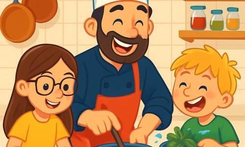 Um chef de cozinha, um homem de cerca de 40 anos, com uma barba bem cuidada e um chapéu de chef branco, sorri alegremente enquanto prepara um prato em uma cozinha iluminada. Ele usa uma jaqueta de cozinha preta e um avental colorido, com os olhos brilhando de paixão e excitação. Ao seu lado, uma menina de 10 anos, Ana, com longos cabelos castanhos e óculos, corta tomates com cuidado, suas bochechas rosadas de entusiasmo. Um menino de 9 anos, João, com cabelos loiros bagunçados, está lavando folhas de manjericão, rindo e espirrando um pouco de água. A cozinha é espaçosa, com paredes de azulejos brancos, prateleiras cheias de especiarias coloridas e panelas de cobre penduradas acima de uma grande bancada de madeira. Na mesa, ingredientes frescos como tomates vermelhos, folhas de manjericão verde vivo e pedaços de queijo dourado estão dispostos. A cena principal mostra o chef e as crianças preparando um prato especial, cercados por um aroma delicioso, criando uma atmosfera alegre e colaborativa.