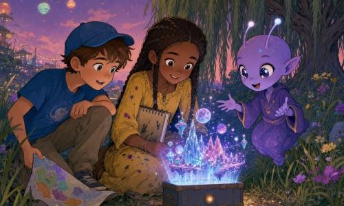 Three characters: Sage, about 10, braided brown hair, ink-stained yellow dress and a sketchbook, sits center leaning over an opened small box; Michael, about 10, short brown hair, blue cap, blue shirt and khaki pants, sits left, knee up, holding a colorful map and looking amazed; and Zog, a small non-binary alien child with smooth purple skin, large starry eyes and two glowing antennae, floating to Sage’s right with hands toward the hologram — at a creekside at twilight with tall grass, wildflowers, glittering stones and a willow in the background, a mauve sky with emerging stars and distant market lanterns; the open box projects a luminous hologram of floating crystal mountains, purple skies, tiny orbiting moons and suspended light particles, casting colored reflections on their faces and expressions of wonder.