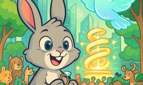 A young rabbit named Thistle, with large ears and soft gray fur, stands at the center of the scene, his eyes shining with excitement and a radiant smile on his face. He holds a small sparkling ring in his front paws, gazing at it in wonder. Beside him, a gentle holographic dove, with iridescent feathers and kind eyes, floats in the air, displaying a calm and reassuring expression as it guides the crowd. The setting is the main square of Verdantia, surrounded by emerald glass skyscrapers mixed with majestic trees with lush leaves, where colorful flowers line the winding paths. The scene is lively, filled with animals of all kinds gathered around a magnificent spiraling structure that shines brightly, representing an energy collector. Thistle, in awe, stands before this invention while the crowd, soothed by the dove, admires the spectacle with curiosity and enthusiasm.