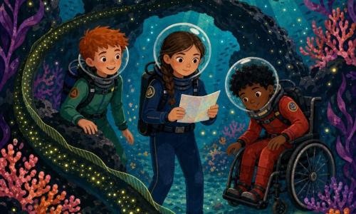 Three children — a 12-year-old girl with braided brown hair and a determined face in a navy wetsuit and clear helmet at the center, gently holding a small glowing card; a 12-year-old red-haired boy in a green wetsuit to her left, ready to swim with one hand on a dark rock; and a 12-year-old curly black-haired boy in a red wetsuit seated in an adapted wheelchair to her right, tipping his helmet to observe a luminous sea creature — in a protected underwater cove of curved black volcanic rock, dark turquoise water, purple seaweed, pink and orange swirling coral, floating light particles and sharp beams of sunlight; they exchange pearlescent nautical cards as a large black lantern-eel speckled with small gold-green lights moves slowly around them, the scene calm, attentive, magical and gentle.