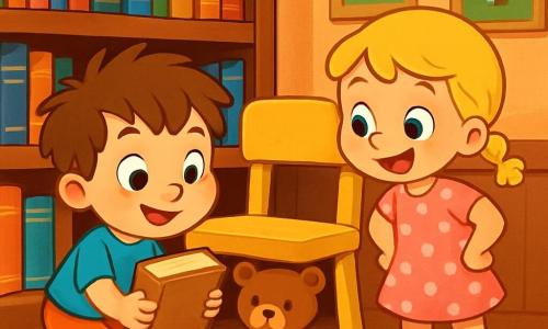 Un băiețel de 2 ani, cu părul brun dezordonat și ochi strălucitori de curiozitate, este așezat în fața unei biblioteci mari pline de cărți vechi. Are un zâmbet uimit și ține o carte plină de praf în mâinile mici. Lângă el, o fetiță de 2 ani, cu părul blond împletit și o rochie roz cu buline, se uită cu entuziasm. Este în picioare, cu mâinile pe șolduri, pregătită să-l ajute în căutarea sa. Muzeul este vast, cu pereți în culori calde și rafturi din lemn închis, decorate cu cărți cu coperți colorate. În această scenă, băiețelul și fetița descoperă un ursuleț de pluș ascuns sub un scaun, înconjurați de cărți și jucării, fețele lor fiind iluminate de bucuria acestei descoperiri.