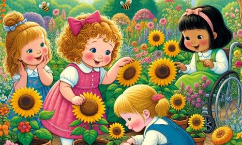 In een zonnige tuin zijn vier kleine meisjes bij elkaar. Anna, een vierjarig meisje met krullend blond haar en een roze jurk, glimlacht terwijl ze naar de bloemen kijkt. Naast haar staat Lotte, ook vier jaar oud, met bruin haar en een blauwe overall; ze wijst naar een grote gele bloem. Mia, een vierjarig meisje met kastanjebruin haar en een rolstoel, kijkt verwonderd naar de bijen. Tot slot hurkt Sara, een meisje met zwart haar en een groene jurk, om de aarde in de potten aan te raken. 

De tuin is gevuld met felle kleuren, met kleurrijke bloemen die bloeien onder een heldere blauwe lucht. Majestueuze bomen omringen de ruimte en vogels zingen vrolijk in de takken. 

De vier vriendinnen zijn bezig zonnebloemzaadjes in aardewerken potten te planten, vol ongeduld om te zien hoe hun bloemen groeien. De opwinding en vreugde zijn op hun gezichten te zien terwijl ze al dromen van de schoonheid van hun bloemcreaties.