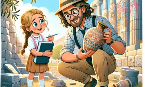 Mężczyzna, Adam, jest entuzjastycznym archeologiem w wieku około trzydziestu lat, z nieładnymi brązowymi włosami i okrągłymi okularami. Ma na sobie słomkowy kapelusz, koszulę w kratę i beżowe spodnie. Jego twarz wyraża ciekawość i zdumienie, gdy bada starą ceramikę zakopaną w ziemi. Obok niego stoi jego dziesięcioletnia siostra, Mia, z długimi warkoczami blond włosów. Trzyma notes i ołówek, gotowa do robienia notatek o odkryciach brata. Uśmiecha się, pełna ekscytacji, obserwując uważnie. Miejsce to starożytne stanowisko archeologiczne na Krecie, z ruinami szarych kamieni i kolorowymi freskami na ścianach. Zielone oliwki otaczają teren, a niebo jest jasnoniebieskie, oświetlone słońcem. Główna scena pokazuje Adama wydobywającego starożytny wazon, ziemia rozpryskuje się wokół niego, podczas gdy Mia robi notatki z szerokim uśmiechem. Atmosfera jest pełna magii i odkryć, z elementami kultury minojskiej widocznymi wokół nich.