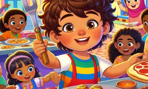 Um garoto de 8 anos, Miguel, com cabelos castanhos e olhos curiosos, sorri alegremente segurando uma espátula em uma mão e um prato de brigadeiros na outra. Ele usa uma camiseta colorida e um short, e está no centro de uma cozinha animada. À sua direita, Aisha, uma menina de 9 anos com cabelos negros e cacheados, vestida com um lindo traje tradicional paquistanês colorido, prepara samosas com uma expressão concentrada e entusiasmada. À sua esquerda, Luca, um garoto de 8 anos com cabelos loiros e olhos azuis, vestido com uma camiseta com a bandeira italiana, estica massa de pizza com um grande sorriso, pronto para compartilhar sua cultura. O local é um centro cultural vibrante, com paredes pintadas de cores vivas, decorações representando diferentes culturas e mesas cheias de ingredientes do mundo todo. Crianças de todas as idades e origens se reúnem ao redor, criando uma atmosfera alegre e acolhedora. A cena principal mostra Miguel, Aisha e Luca colaborando juntos para preparar uma refeição multicultural, trocando risos e histórias enquanto celebram a diversidade através da culinária.