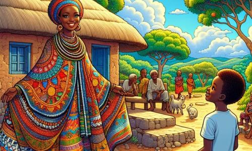Amina, una donna africana di circa quarant'anni, si trova al centro della scena, con un ampio sorriso caloroso e occhi brillanti di saggezza. Indossa un magnifico cappotto colorato, decorato con motivi tradizionali, che fluttua dolcemente attorno a lei. I suoi bracci sono aperti, come per accogliere e riunire gli altri intorno a sé. Alla sua destra, un giovane ragazzo di circa 10 anni, di nome Kofi, con capelli crespi e occhi pieni di curiosità, guarda Amina con ammirazione. Indossa una semplice maglietta e pantaloni corti di tessuto leggero, e tiene un piccolo tamburo di legno, pronto a suonare una melodia gioiosa. Alla sua sinistra, una vecchia donna, Mama Zuri, di circa 70 anni, con profonde rughe che raccontano storie di saggezza, osserva la scena con uno sguardo benevolo. È vestita con un abito colorato e tiene un bastone di legno, simbolo della sua autorità e esperienza. La scena si svolge in un pittoresco villaggio africano, con case di terra battuta dai tetti di paglia, circondate da alberi verdi e fiori brillanti. Il cielo è di un blu intenso, punteggiato da nuvole bianche e soffici, e il sole brilla, illuminando la scena con una luce dorata. La situazione principale mostra Amina, Kofi e Mama Zuri riuniti per discutere della pace tra i villaggi vicini. Amina, con il suo carisma e saggezza, ispira gli altri ad ascoltare e comprendere, mentre Kofi batte gioiosamente il tamburo, aggiungendo un tocco di gioia a questo incontro importante.