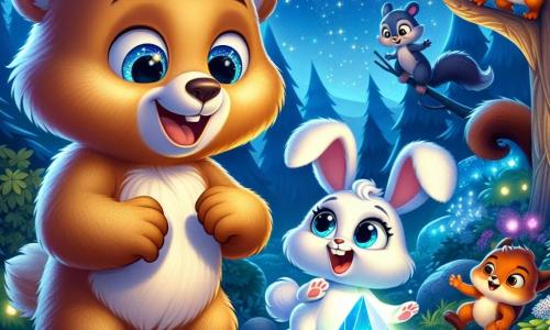 Um jovem urso chamado Theo, com pelagem dourada e grandes olhos brilhantes de excitação, está no centro da cena, olhando maravilhado para uma gema azul luminosa que brilha intensamente. Ele sorri amplamente, revelando sua curiosidade e entusiasmo pela aventura. Ao seu lado, uma coelhinha branca chamada Luna, com grandes orelhas e olhos brilhantes, salta de alegria, expressando sua felicidade e surpresa. Um esquilo travesso chamado Flash, com pelagem ruiva e cauda espessa, sobe em um galho próximo, observando a cena com um olhar curioso e um sorriso travesso. O cenário é uma clareira encantada, cercada por árvores com folhas luminosas e flores coloridas que brilham sob a luz da gema. O céu é de um azul profundo, salpicado de estrelas brilhantes, criando uma atmosfera mágica. A situação principal mostra Theo, Luna e Flash descobrindo a misteriosa gema azul, enquanto um pequeno extraterrestre chamado Zeno aparece, flutuando alegremente acima da gema, pronto para compartilhar sua mensagem de amizade e aventura.