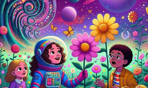 Ana, o tânără cu păr castaniu și creț, poartă o combinezon colorat, zâmbind larg în timp ce privește uimită o planetă strălucitoare plină de flori multicolore. Lângă ea, un băiat de 10 ani, cu ochelari și păr blond, ține un mic robot care dansează vesel, iar o fetiță de 8 ani, cu părul drept și negru, se entuziasmează în fața unei flori vorbitoare, cu ochii mari de surpriză. Decorul este o planetă fantastică, cu copaci uriași cu trunchiuri în spirală și flori luminoase care plutesc în aer, sub un cer violet presărat cu stele strălucitoare. Situația principală îi arată pe Ana și prietenii ei jucându-se cu floarea vorbitoare, râzând și distrându-se, în timp ce o furtună se pregătește în depărtare, cu nori întunecați care încep să se formeze.