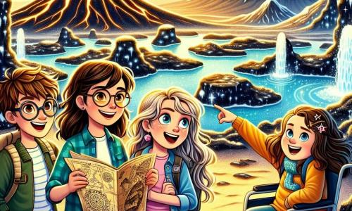 Patru fete de 12 ani stau împreună într-un peisaj vulcanic magic în Islanda. Ana, cu părul brun și ochelari, ține o hartă veche deschisă, cu ochii strălucind de entuziasm. Lângă ea, Maria, cu părul lung și ondulat, zâmbește entuziast, arătând spre un vulcan fumegând în depărtare. Sofia, cu o tunsoare scurtă și ochelari de soare, se uită curioasă în jur, în timp ce Elena, așezată în scaunul ei cu rotile, radiază de bucurie, ținând un mic steag islandez. Peisajul este spectaculos: câmpuri de lavă neagră strălucesc sub soare, gheizerele erupe apă caldă, iar munții acoperiți de zăpadă se ridică în fundal, creând un contrast izbitor cu cerul albastru deschis. Fetele descoperă un tunel secret care duce la un vulcan misterios, unde speră să găsească un secret antic ascuns, simbolizat de o piatră gravată care strălucește cu o lumină aurie.