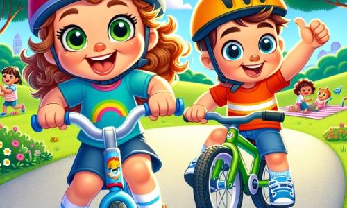 Una niña de 4 años, Luna, con grandes ojos brillantes y cabello rizado, lleva un casco rojo y una camiseta colorida. Sonríe alegremente mientras pedalea en su bicicleta azul, con una mano en el manillar y la otra levantando el pulgar en señal de victoria. A su lado, un niño de 5 años, Marcos, con cabello corto y un casco amarillo, monta su bicicleta verde. Tiene una gran sonrisa y parece animar a Luna mientras pedalea junto a ella. El escenario es un parque soleado, con árboles verdes, flores coloridas y un camino de grava que serpentea por la hierba. Al fondo, se ven niños jugando y familias haciendo picnic sobre mantas. La escena principal muestra a Luna y Marcos en una carrera amistosa, acercándose el uno al otro, con el viento en el cabello, llenos de energía y alegría.