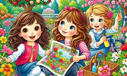 Într-o grădină grațioasă, printre flori colorate, trei fete vesele explorează un teren de joacă primăvăratic. Sara, o fată de 10 ani cu păr lung castaniu și ochi strălucitori, ține o hartă în mâini și zâmbește cu entuziasm. Mira, o fată de 9 ani cu părul blond creț și obrașe roz, se află în stânga, arătând cu degetul un măr înflorit, cu ochii plini de curiozitate. Daria, o fată de 10 ani cu părul șaten deschis și ochelari, este în dreapta, așezată în scaunul ei cu rotile, ținând o sticlă colorată pe care a găsit-o, cu un zâmbet mare pe față. Grădina este plină de flori strălucitoare, cu lalele roșii, narcisă galbene și margarete albe, sub un cer albastru deschis presărat cu nori pufoși. Cele trei prietene sunt în plină vânătoare de comori, căutând indicii ascunse printre flori și copaci, într-o atmosferă veselă și plină de descoperiri.