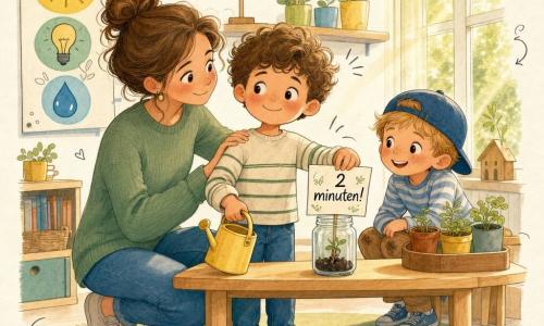 Een 6-jarige jongen met krullend bruin haar, ronde wangen en een verlegen maar trotse glimlach houdt een geel gieter vast en legt een kaartje met “2 minutes!” in een glazen pot op een lage tafel; naast hem hurkt een circa 30-jarige juf met kastanjebruin haar in een knot en een zachtgroen trui, hand op zijn schouder, vriendelijk kijkend; een klasgenoot van ongeveer 5 jaar met een blauwe pet en moddervlekken op de knieën kijkt lachend vanachter de tafel klaar om te helpen; de scène speelt zich af in een zonnig “energie”-hoekje van de kleuterklas met lichte houten tafel, kleurrijk poster met zon, lamp en waterdruppel, een draaiend houten windwijzer, een rij plantenpotjes en een groot raam dat gouden licht binnenlaat; centraal moment: warm concreet moment waarin het kind zijn geschreven belofte bij een pot plaatst met gieter in de hand, omringd door planten en getekende druppels en lampjes, zachte pastelkleuren en papierachtige texturen, compositie gefocust op gezichten en handen.