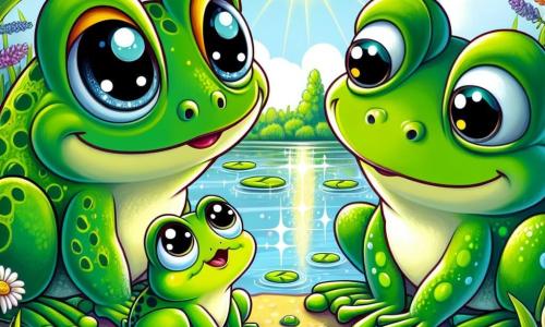 Ein kleiner grüner Frosch mit großen, runden und glänzenden Augen steht am Rand eines Teiches, entschlossen und ein wenig besorgt. Er trägt ein leichtes Lächeln und ist bereit, mit seinen Eltern zu sprechen. Neben ihm schaut eine Mutterfrosch mit leuchtend grüner Haut und gelben Flecken ihren Sohn sanft und aufmerksam an, während ein größerer Vaterfrosch mit dunklerem Grün und zusammengezogenen Augenbrauen besorgt, aber bereit zuzuhören, wirkt. Der Ort ist ein sonniger Teich, umgeben von hohen grünen Gräsern und bunten Blumen, mit schwimmenden Seerosen und glitzernden Reflexionen auf dem Wasser. Die Hauptsituation zeigt den kleinen Frosch, der das Wort ergreift, umgeben von seinen Eltern, in einem Moment des Teilens und des Verständnisses, während sie sich darauf vorbereiten, über ihre Gefühle zu sprechen und ihre Probleme gemeinsam zu lösen.