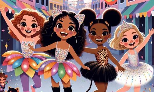 Quattro amiche, tutte ragazze di circa 10 anni, si trovano al centro della scena, raggiante di gioia. Sofia, con i capelli ricci color caramello, indossa un costume di fiore colorato, con petali in tessuto che brillano al sole. Alla sua destra, Giulia, con i capelli lisci e neri, è travestita da gatto con orecchie a punta e una coda di feltro, ridendo mentre tiene un pallone. A sinistra, Marta, sportiva con i capelli corti e biondi, è vestita da pantera, con macchie nere su un costume di velluto, mimando un salto agile. Infine, Clara, la più timida, ha i capelli castani e indossa un costume da fata scintillante, con ali trasparenti che brillano sotto la luce. Loro si trovano nella vivace piazza di Coloropoli, piena di colori vivaci e decorazioni di carnevale: bandierine multicolori sventolano nel vento, stand di dolci offrono prelibatezze e bambini travestiti ballano allegramente intorno a loro. La scena principale mostra le quattro amiche, unite e felici, pronte a posare insieme per una foto, con sorrisi brillanti, mentre si preparano a partecipare al concorso di costumi, circondate da una folla entusiasta che applaude e ammira la loro creatività.
