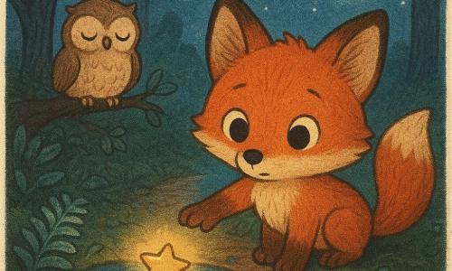 A small ginger fox with pointed ears and slightly tousled fur looks at the camera with wide curious eyes and a shy-but-brave expression, reaching a paw toward a shiny puddle that reflects the moon and holds a metallic star-shaped key glowing with a warm yellow halo; a sleepy fluffy-eyed owl perches on a low branch to the left, dark green moss and wet leaves cover the ground with droplets on silver ferns, and the gentle night—deep blue sky, round moon, and a damp dirt path winding between rain-sculpted tree trunks—creates a calm, magical scene of the fox discovering the star key under the moon, a cozy hygge adventure in warm colors on a cool background with simple rounded shapes suited for toddlers.