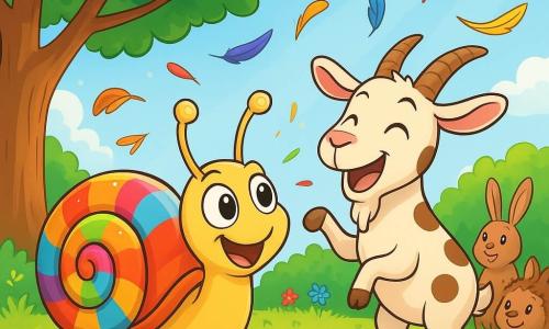 Ein kleiner Schnecke namens Hugo, mit einer glänzenden und bunten Schale, steht im Mittelpunkt der Szene und zeigt einen fröhlichen und schelmischen Gesichtsausdruck. Seine großen, funkelnden Augen und seine wackelnden Antennen zeigen seine Aufregung. Neben ihm steht eine lustige Ziege namens Frieda, mit weißem Fell und braunen Flecken, die auf ihren Hinterbeinen steht, lacht und Hugo wohlwollend ansieht. Im Hintergrund schaffen ein großer Baum mit leuchtend grünen Blättern und ein hellblauer Himmel eine fröhliche Atmosphäre. Die Szene spielt auf einer schönen Lichtung, die mit bunten Blumen und Sonnenstrahlen, die durch die Äste filtern, übersät ist. Hugo und Frieda bereiten ein großes Fest vor, umgeben von bunten Federn, die in der Luft fliegen, während eine Gruppe neugieriger Tiere sie begeistert beobachtet.