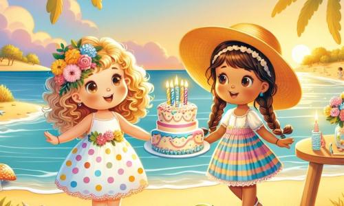 Lucia è una bambina di quattro anni, con capelli ricci e dorati, che indossa un vestito colorato a pois. È al centro dell'immagine, sorridente, con le braccia aperte, circondata dai suoi amici. Anna, un'altra bambina di cinque anni, ha un grande cappello giallo e capelli castani intrecciati. È a destra di Lucia, con un bastone colorato, pronta a giocare. Una piccola tartaruga verde è seduta ai loro piedi, alzando la testa con aria curiosa, come se volesse partecipare alla festa. Lo sfondo è una bella spiaggia soleggiata, con dune di sabbia dorata, onde leggere che si infrangono sulla riva e palme che danzano al vento. In lontananza, il cielo è dipinto di colori caldi, con un sole al tramonto che illumina la scena. Al centro della spiaggia, un tavolo decorato con conchiglie e fiori ospita una bellissima torta di compleanno con candele colorate. I tre personaggi sono pronti a celebrare il momento magico in cui Lucia soffia sulle candele, circondati da risate e gioia.