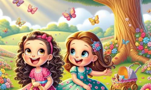 Due bambine felici, Mia e Sara, sono al centro dell'immagine. Mia, di 7 anni, ha lunghi capelli ricci e un grande sorriso. Indossa un vestito rosa a pois bianchi e tiene una piccola scatola da picnic. Sara, anch'essa di 7 anni, ha capelli lisci e lucenti raccolti in due codini. È in una bella carrozzina colorata, vestita con un abito blu con fiori. Lo sfondo è un parco soleggiato, con un vasto prato verde punteggiato di fiori colorati. Un grande albero maestoso si erge sullo sfondo, offrendo ombra e rami carichi di foglie. Farfalle colorate volano intorno a loro, aggiungendo un tocco di magia alla scena. Le due amiche sono sedute su una coperta da picnic, condividendo panini e succhi di frutta, ridendo e raccontandosi storie. L'atmosfera è gioiosa e piena di vita, simboleggiando l'amicizia e i momenti preziosi trascorsi insieme.