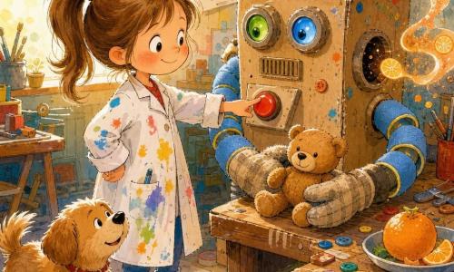 Nina, inventora de sonrisa traviesa y coleta, con bata manchada de pintura, pulsa un gran botón rojo en una caja-máquina de cartón llamada 