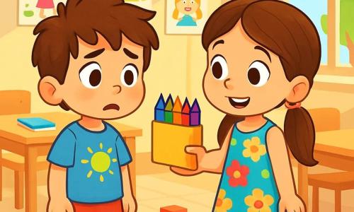 Um menino de 6 anos, Lucas, com grandes olhos curiosos e cabelo castanho bagunçado, está no meio de uma sala de aula iluminada. Seu rosto expressa uma leve preocupação, com as sobrancelhas franzidas e a boca ligeiramente aberta, como se hesitasse em falar. Ele usa uma camiseta azul com um desenho de sol e um short vermelho. Ao lado dele, uma menina de 6 anos, Sofia, com cabelo longo e liso preso em duas tranças, sorri calorosamente. Ela veste um vestido florido e segura uma caixa de lápis de cor, pronta para desenhar, encorajando Lucas a se juntar a ela. A sala de aula é decorada com desenhos de crianças nas paredes, com janelas que deixam entrar a luz do sol, iluminando as mesas de madeira clara. Brinquedos coloridos estão espalhados pelo chão, criando uma atmosfera alegre e acolhedora. A cena principal mostra Lucas, hesitante mas curioso, olhando os lápis de cor que Sofia lhe oferece, pronto para superar seu medo e embarcar em uma nova aventura criativa.