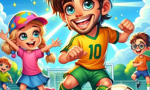 Ein Mann, Max, steht im Mittelpunkt des Bildes, strahlend vor Freude und Entschlossenheit. Er hat zerzauste braune Haare, funkelnde blaue Augen und trägt ein gelbes Fußballtrikot mit der Nummer 10. Er dribbelt geschickt einen Fußball und zeigt mit einem breiten Lächeln seine Leidenschaft für das Spiel. Rechts von ihm applaudiert ein 8-jähriges Mädchen mit geflochtenen blonden Haaren und einer bunten Kappe begeistert. Sie trägt ein pinkes T-Shirt und eine blaue Shorts und ist bereit zu spielen, ihre Augen leuchten vor Aufregung. Links schaut ein 9-jähriger Junge mit Brille und braunen Haaren bewundernd zu Max, während er einen Ball unter dem Arm hält. Er trägt ein grünes Trikot und scheint ungeduldig darauf zu warten, am Spiel teilzunehmen. Der Hintergrund zeigt einen schönen grünen Schulrasen, umgeben von blühenden Bäumen und einem klaren blauen Himmel. Sonnenstrahlen erhellen die Szene und schaffen eine fröhliche, dynamische Atmosphäre. Die Hauptsituation zeigt Max, der den Kindern Dribblings beibringt, während sie Spaß haben und lernen. Die Kinder lachen und feuern sich gegenseitig an, was eine Atmosphäre von Kameradschaft und Freude rund um den Fußball schafft.