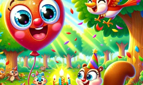 Un piccolo palloncino rosso, di nome Pallo, è al centro dell'immagine, che fluttua gioiosamente nell'aria con un grande sorriso sul viso rotondo e brillante. I suoi occhi brillano di eccitazione mentre indossa un magnifico cappello magico colorato, pieno di stelle scintillanti. Accanto a lui, un piccolo uccellino blu di nome Tito, con un piumaggio splendente e un becco lucido, vola in cerchio attorno a Pallo, mostrando un'espressione gioiosa ed entusiasta. Un piccolo scoiattolo marrone, di nome Nocci, è seduto su un ramo d'albero, tenendo una deliziosa torta fatta di ghiande e miele. Il paesaggio è un grande parco verde, pieno di alberi alti, fiori colorati e raggi di sole che filtrano tra le foglie. La scena principale mostra Pallo, Tito e Nocci mentre celebrano il compleanno di Pallo, circondati da coriandoli colorati, in un'atmosfera gioiosa e piena di risate, dove amicizia e magia si incontrano.