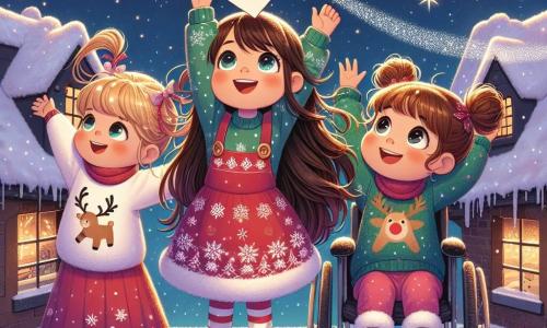 In a magical Christmas scene, three little girls are gathered on the roof of an orphanage. Lily, an 8-year-old with long brown hair and sparkling eyes, holds a large paper airplane, ready to launch it into the starry sky. She wears a red dress with snowflake patterns. Mia, a 7-year-old with curly blonde hair, sits in her wheelchair, smiling enthusiastically in a green sweater with a reindeer on it. Zoe, a 6-year-old with brown hair in pigtails, stands next to Lily with her arms raised, as if encouraging the plane to fly. She wears a sparkling blue dress. The roof is covered in thick snow, and twinkling lights create a warm atmosphere. In the background, the sky is filled with bright stars, and a shooting star adds a touch of magic to the scene. The three friends are about to launch their paper airplane, which carries a letter to Santa Claus, symbolizing their beautiful Christmas adventure and their desire to bring joy to another child.