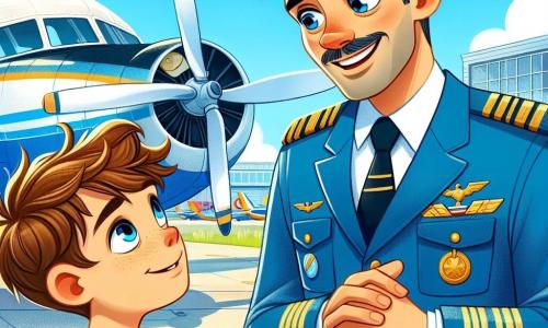Um piloto chamado Carlos está ao lado de seu grande avião, vestido com um uniforme azul brilhante e ombreiras douradas. Ele tem cabelos grisalhos, um sorriso caloroso e olhos brilhantes de paixão, enquanto conta histórias de voo para um garoto. O garoto, Lucas, tem cerca de 8 anos, com cabelos castanhos bagunçados e olhos brilhantes de curiosidade. Ele está ao lado de Carlos, com as mãos na cintura, ouvindo atentamente e com um sorriso maravilhado no rosto. A cena acontece em um tarmac de aeroporto ensolarado, cercado por grandes hangares e outros aviões coloridos. O céu é de um azul intenso, com algumas nuvens brancas fofas. Carlos compartilha histórias fascinantes de suas aventuras no ar, enquanto Lucas, cativado, sonha em se tornar piloto um dia.