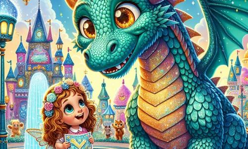 Un drago maestoso, con squame verde smeraldo scintillanti, si trova al centro della scena, con occhi dorati brillanti di gioia e un ampio sorriso che rivela i suoi piccoli denti bianchi. Batte delicatamente le ali, creando una leggera brezza, mentre guarda una bambina con ammirazione. La bambina, Stella, di 8 anni, ha capelli ricci color caramello e occhi brillanti di curiosità. Indossa un vestito rosa a pois e tiene una mappa magica tra le mani, con gli occhi spalancati per lo stupore. Si trova accanto al drago, pronta a esplorare il mondo magico. Lo sfondo è una piazza incantata, piena di case di zucchero filato, lampioni in cristallo colorato e creature fantastiche che danzano intorno a loro. Farfalle giganti volano nel cielo blu, mentre una fontana ridente spruzza acqua scintillante sullo sfondo. La scena principale mostra Stella e il drago Fiammetta, pronti a partire per un'avventura, circondati da magia e risate, con lampi di luce e colori vivaci che illuminano la scena.