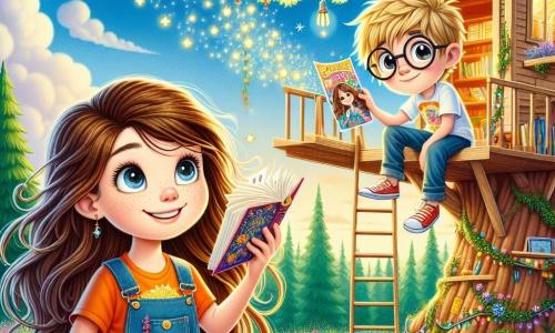 In the center of the image, a 10-year-old girl named Lily, with long brown hair and sparkling curious eyes, stands in her beautiful treehouse. She wears a denim overall and a colorful t-shirt, smiling enthusiastically as she holds an open book, its pages swirling around her as if they had come to life. Next to her, a 10-year-old boy named Max, with blonde hair and round glasses, admires her while sitting on a branch, holding a colorful poster with a message about equality, ready to show it to their friends. In the background, there is a lovely view of the lush garden of Willowville, with colorful flowers and a blue sky dotted with white clouds. The treehouse is built in a large oak tree, with ropes and ladders adding a sense of adventure. The main scene shows Lily and Max, surrounded by their friends, passionately discussing ideas about equality, while posters decorated with drawings and inspiring words are hung around them, creating an atmosphere of camaraderie and commitment.