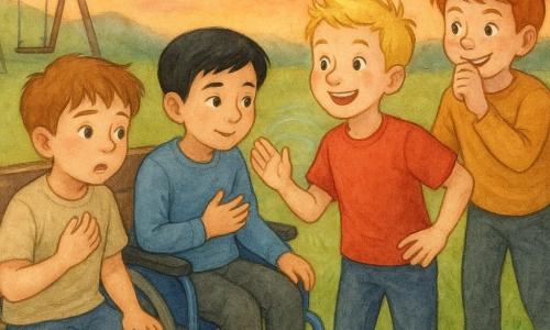 Four boys: 9-year-old Max, round face, tousled light brown hair, attentive eyes, sitting on a worn wooden bench left, coughing slightly and holding his chest but calm; 9-year-old Leo, fair skin, short black hair, in a blue wheelchair beside Max, leaning in with a gentle, encouraging expression while showing breathing rhythm with his hand; 8-year-old Sam, short blond hair, energetic, wearing a red t-shirt, standing in front of the bench with one hand on his hip and the other raised to prompt slow breaths; 9-year-old Charlie, red hair and freckles, mischievous smile, standing behind the bench miming a joke to ease the mood, all in a dusk park with green grass and daisies, a small shining pond to the right, a wooden swing in the background, a gentle grassy hill to the left, and an orange-pink-purple sky; the intimate, reassuring scene shows Max being helped to breathe slowly by his friends, three boys surrounding him, breaths indicated by subtle watercolor air waves, calm expressive faces, warm secure atmosphere.
