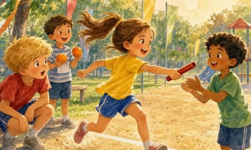 A joyful, focused 6-year-old girl with light brown hair in a flying ponytail, bright yellow t-shirt and blue shorts, sprinting and extending a relay baton; energetic expression, rosy cheeks, movement suggested by soft watercolor blurs. A boy of about 6 (Sam) with curly black hair, green t-shirt, standing just behind the finish line to the right, applauding and smiling. A tall 7-year-old boy (Alex) with blond hair, red t-shirt, crouched near a bench to the left, surprised and admiring. A 6-year-old boy (Taylor) with short brown hair, striped t-shirt, standing slightly back holding a pair of oranges and a small match leaflet, looking enthusiastic. The schoolyard is colorful: pale gravel ground, green lawn, trees with multicolored ribbons, posters on poles and a slide in the background; soft late-afternoon light with long warm shadows. Main scene: the girl gracefully passes the baton during a relay, teammates encouraging around her, controlled watercolor splashes indicating speed and joy, composition centered on the baton handoff and the surrounding faces. Palette: warm yellows, tender greens, soft blues and touches of red; visible paper texture, fine outlines and fluid watercolor.