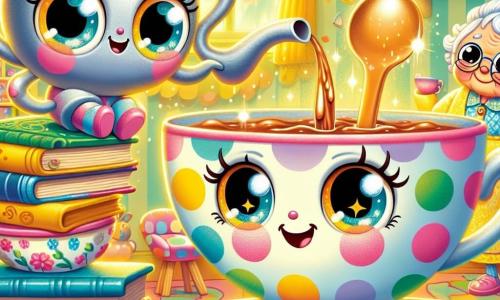 Tilly, a small polka dot tea cup, is perched on a wobbly table, her face beaming with excitement and determination. She has sparkling eyes and a bright smile, holding a small teapot balanced in her handle. Next to her, Timmy, a shiny metal spoon, watches in admiration, his round eyes filled with enthusiasm. He stands on the edge of the table, ready to cheer her on, his little legs quivering with excitement. In the background, Granny Saucer, an elderly saucer with delicate floral patterns, observes with a warm smile, her eyes crinkled with wisdom. She stands next to a group of spoons and cups, all captivated by the challenge. The setting is a lively kitchen, filled with bright colors, with shelves loaded with sparkling teapots and pastel yellow walls. The wobbly table is made of stacked books, creating a fun sense of imbalance. The main scene shows Tilly carefully pouring a cup of tea, focused yet joyful, as the table shakes beneath her, creating an atmosphere of challenge and fun.