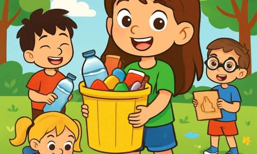 Una niña de 6 años, llamada Sofía, con largos cabellos castaños y ojos llenos de curiosidad, sonríe alegremente mientras sostiene un gran cubo amarillo lleno de desechos coloridos. Lleva una camiseta verde brillante con un dibujo de un árbol y un short de mezclilla, rodeada de sus amigos. Juan, un niño de 7 años con cabello negro desordenado y camiseta roja, está a su lado sosteniendo una gran botella de plástico que acaba de recoger. Ana, una niña de 6 años con trenzas rubias y un vestido de flores, está agachada recogiendo papeles de colores, mientras que Lucas, un niño de 6 años con gafas y camiseta azul, se encuentra un poco más lejos mostrando un cartón reciclado a Sofía. La escena tiene lugar en un parque soleado, con árboles verdes, flores coloridas y un cielo azul claro con nubes blancas. Aunque el suelo está cubierto de basura, los niños trabajan juntos para limpiar el parque, transformándolo en un espacio limpio y acogedor. Sofía y sus amigos muestran sonrisas radiantes, llenas de orgullo y determinación, mientras se comprometen a proteger el medio ambiente.
