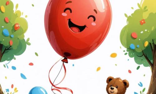 Ein fröhlicher, runder, glänzender roter Ballon mit einem großen Lächeln und funkelnden Augen springt begeistert in der Mitte des Bildes, umgeben von leuchtenden Farben. Er lädt die Kinder zum Spielen ein, seine Schnüre wehen wie Bänder in der Luft. Rechts von ihm sitzt ein abgenutzter, brauner Teddybär mit traurigen Augen auf dem grünen Gras und schaut hoffnungsvoll zum Ballon. Links von ihm rollt ein etwas größerer blauer Ballon mit einem fröhlichen Gesicht in Richtung der Kindergruppe, bereit, sich dem Fest anzuschließen. Der Ort ist ein sonniger Park, gefüllt mit bunten Blumen, laubtragenden Bäumen und Kinderlachen. Ein großes handgemaltes Holzschild verkündet 