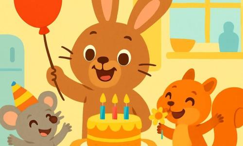 A joyful little bunny with big ears and soft brown fur, smiling with sparkling eyes, stands on its hind legs, holding a red balloon in one paw. Next to it, a small gray mouse wearing a colorful hat, with eyes shining with joy, raises its arms in the air singing "Happy Birthday." A red-furred squirrel, with a yellow flower in its mouth, dances around them, displaying a big smile. The scene takes place in a sunny kitchen with pastel walls and a large wooden table filled with golden pancakes and a birthday cake decorated with colorful candles. The bunny, surrounded by its friends, is ready to blow out its candles, its face radiating happiness.