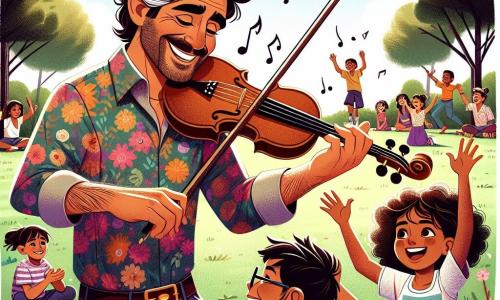 Um homem chamado Miguel, com cabelos castanhos e desgrenhados, um sorriso caloroso e olhos brilhando de excitação, toca seu violino no centro do palco. Ele usa uma camisa colorida e uma calça jeans, e seu rosto expressa uma alegria contagiante enquanto compõe uma melodia. Ao seu lado, uma menina de 10 anos, Luísa, com cabelos cacheados e um vestido florido, dança alegremente, com os braços erguidos para o céu, cheia de energia e felicidade. Um menino de 9 anos, Pedro, com óculos e uma camiseta listrada, bate palmas no ritmo da música, exibindo um grande sorriso. A cena ocorre em um parque ensolarado, repleto de árvores verdes e flores coloridas, com um grupo de crianças reunidas ao redor, cativadas pela música. A situação principal mostra Miguel e as crianças criando uma canção juntos, unindo suas vozes e talentos em uma atmosfera alegre e festiva, cheia de risos e amizade.