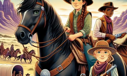 Clara, una giovane cowgirl di dodici anni, è fiera sul suo cavallo, Thunder, un magnifico purosangue nero. Ha lunghi capelli castani intrecciati e occhi verdi brillanti di audacia, con un'espressione determinata mentre guarda lontano, pronta ad affrontare i banditi. Accanto a lei, Jake, un ragazzo astuto di dodici anni, indossa un cappello da cowboy e un gilet di pelle, tenendo un lasso in mano, pronto ad agire. Lucy, una ragazza coraggiosa di undici anni, si trova dietro Clara, con un fucile ad aria compressa sulla spalla e un sorriso sicuro. La scena si svolge in cima a una collina che sovrasta una vasta prateria, mentre il sole sorge all'orizzonte, illuminando le maestose montagne sullo sfondo. In lontananza, un gruppo di banditi in pelle si dirige verso un carro carico di merci, creando un'atmosfera di tensione palpabile. Clara e i suoi amici, uniti dal coraggio, si preparano a difendere il villaggio contro i ladri, pronti a combattere per la giustizia e l'amicizia.