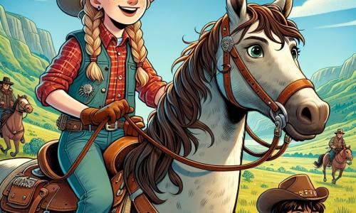Clara, o tânără cowgirl de 12 ani, stă mândră pe calul ei, Bătrânul Roy, cu un zâmbet mare pe față. Are părul lung blond împletit, o pălărie de cowboy bej și poartă o cămașă cu carouri roșii, o vestă din piele și cizme din piele uzate. Ochii ei strălucesc de entuziasm și determinare în timp ce observă un grup de hoți în depărtare. Lângă ea, Jake, un băiat de 11 ani, este agil și rapid, cu părul brun zbârlit și o jachetă din denim. Se pregătește să alerge, gata să o ajute pe Clara să își apere orașul. Maria, o fată de 10 ani, cu ochelari rotunzi și părul creț, ține o hartă în mâini, arătând drumul spre ascunzătoarea hoților, stând puțin în spate și observând atent situația. Scena are loc într-o pajiște vastă și însorită, cu dealuri verzi la orizont, flori sălbatice colorate pe sol și un cer albastru strălucitor presărat cu câteva nori albi. În depărtare se zărește micuțul sat Prairie Gulch, cu case din lemn și un saloon. Situația principală arată cum Clara și prietenii ei se pregătesc să înfrunte hoții care plănuiesc să jefuiască banca satului. Clara, plină de curaj, este hotărâtă să își protejeze orașul și să apere ceea ce este drept.
