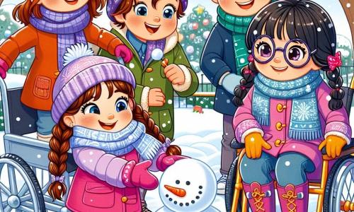 In een besneeuwd park zijn vier vrienden samengekomen voor een geweldige wintermoment. Lisa, een zevenjarig meisje met lange bruine haren en sprankelende ogen, maakt een grote sneeuwbal om een sneeuwman te bouwen. Ze draagt een felroze jas en een bijpassende muts. Tom, een zevenjarige jongen met rommelig blond haar en een ondeugende glimlach, staat naast haar, klaar om een sneeuwbal in de lucht te gooien. Hij draagt een blauwe sjaal en rode handschoenen. Sara, een zevenjarig meisje met gevlochten zwart haar en ronde bril, zit op haar hurken te zoeken naar een wortel voor de neus van de sneeuwman. Ze draagt een paarse jas en gele laarzen. Sam, een zevenjarige jongen met kastanjebruin haar, zit in zijn rolstoel versierd met sneeuwvlokken, lachend terwijl hij naar zijn vrienden kijkt. Hij draagt een groene jas en een gestreepte sjaal. Het park is gevuld met glinsterende sneeuw, met bomen bedekt met rijp en sneeuwvlokken die zachtjes uit de blauwe lucht vallen. In de verte staan witte heuvels onder een stralende zon. De vrienden hebben plezier samen, lachend en spelend terwijl ze een sneeuwman bouwen en zich voorbereiden op een grote sneeuwballengevecht, vol opwinding en vreugde.
